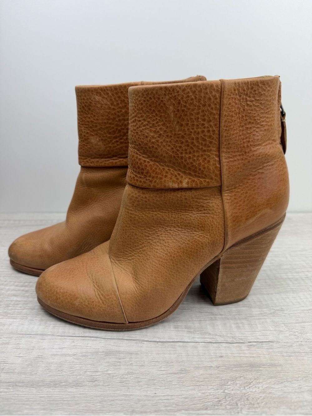 rag & bone Distressed Leather Fold-Top Ankle Boots in Cognac